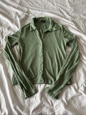 AFRM Green Ribbed Button-Front Long Sleeve Collared Top